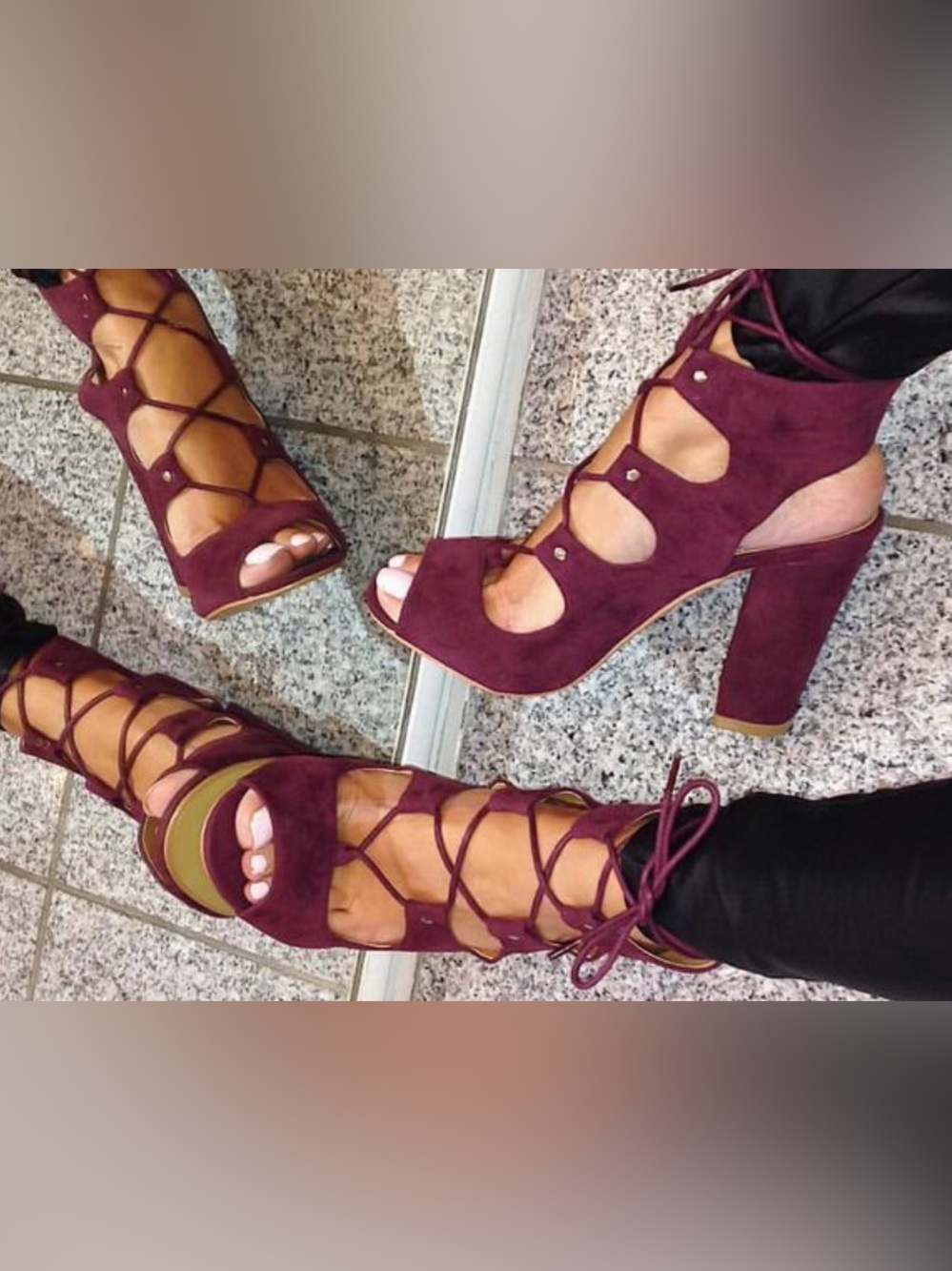 ❤️🔥 Hot! Lace-Up Open Toe 4” Heel Faux Suede Burgundy Gladiator Sandal Sz 10